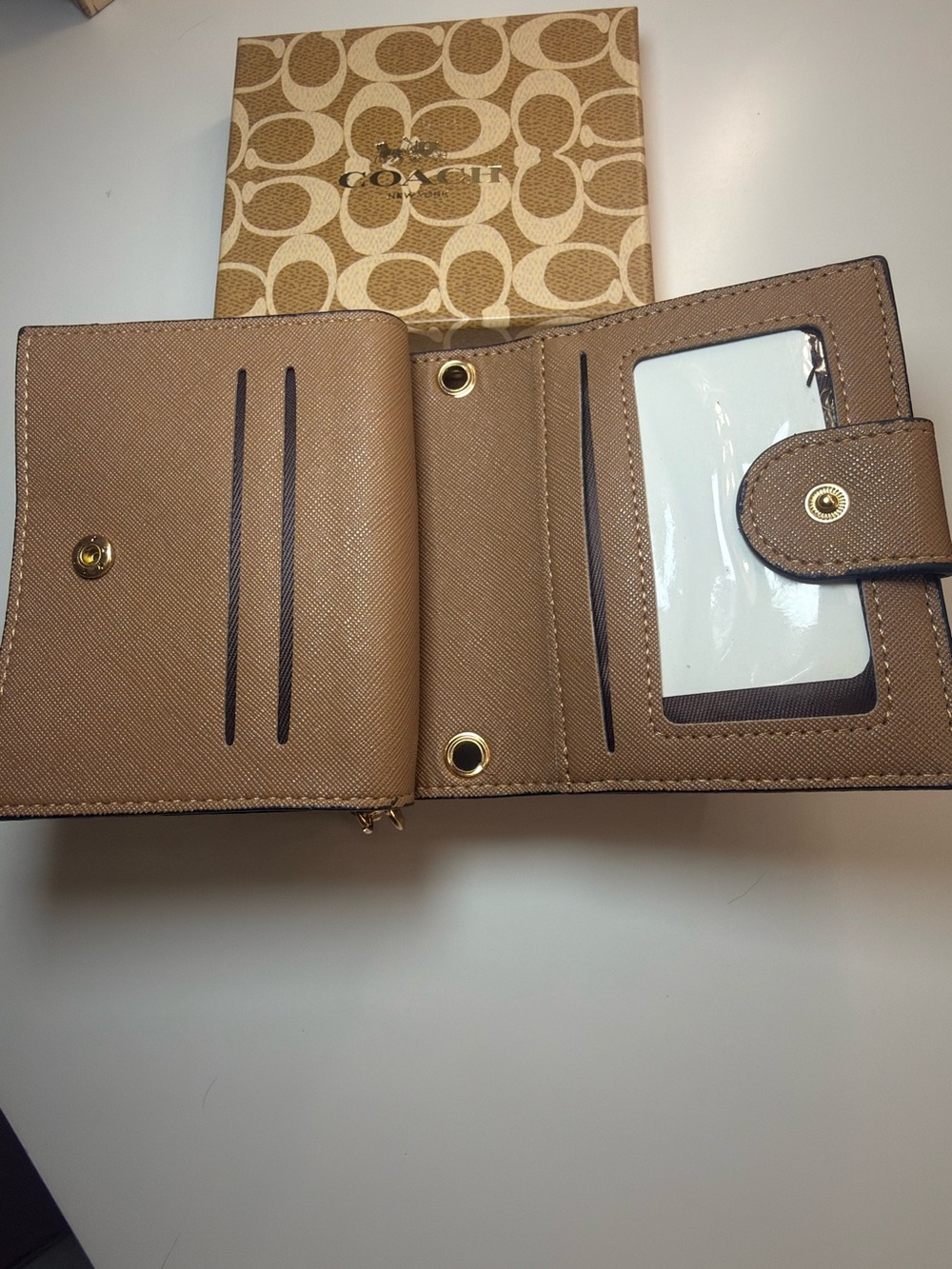 Coach Women's Tan Compact Leather Wallet with Card Slots